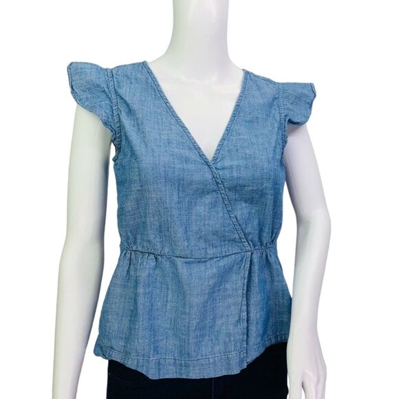 J by J.Crew Womens Chambray Wrap Style Top Size 4 Blue Cotton Flutter Sleeve - Picture 2 of 10